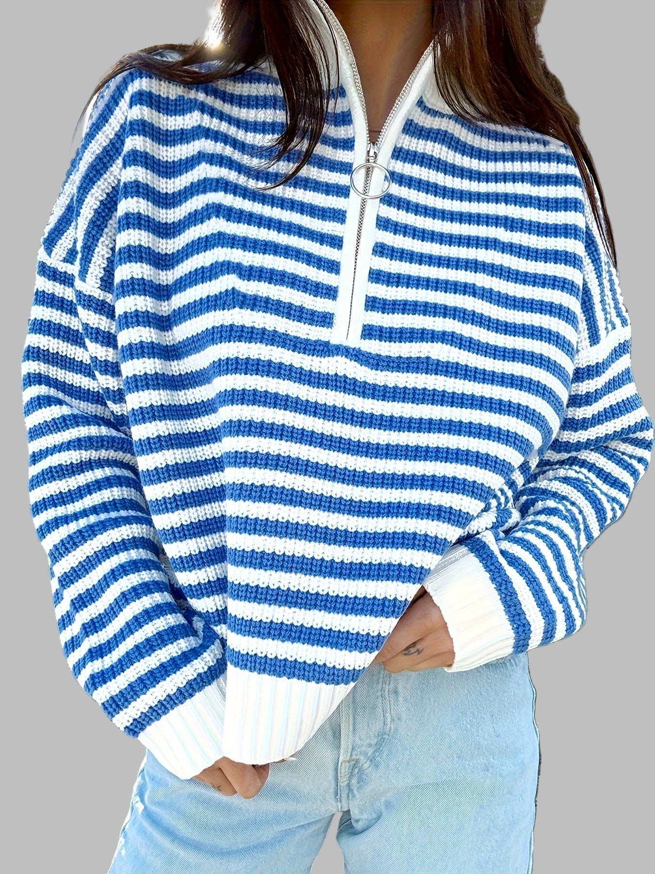 Marisella Damegenser | Blå-Hvit Stripet Half Zip Pullover