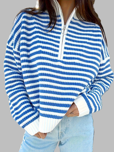 Marisella Damegenser | Blå-Hvit Stripet Half Zip Pullover
