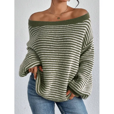 Elvira Damegenser | Blå-Hvit Stripet Off-Shoulder Strikkegenser
