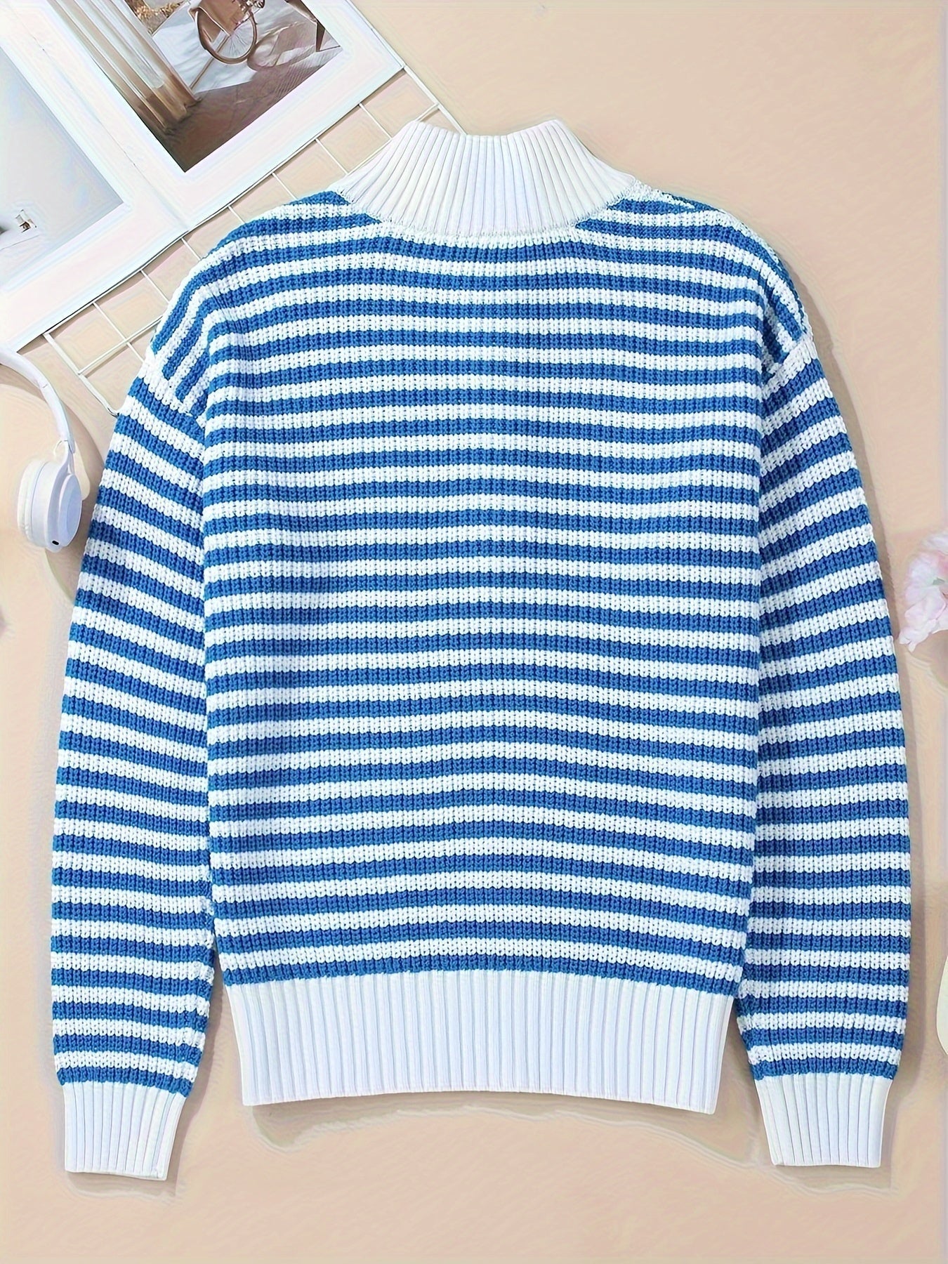 Marisella Damegenser | Blå-Hvit Stripet Half Zip Pullover