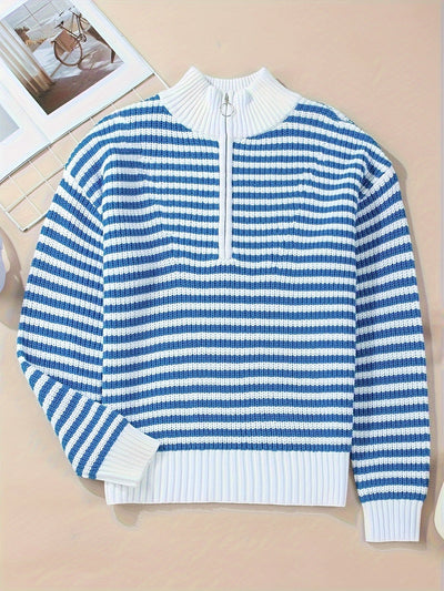 Marisella Damegenser | Blå-Hvit Stripet Half Zip Pullover