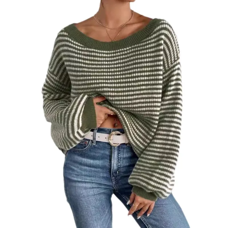 Elvira Damegenser | Blå-Hvit Stripet Off-Shoulder Strikkegenser